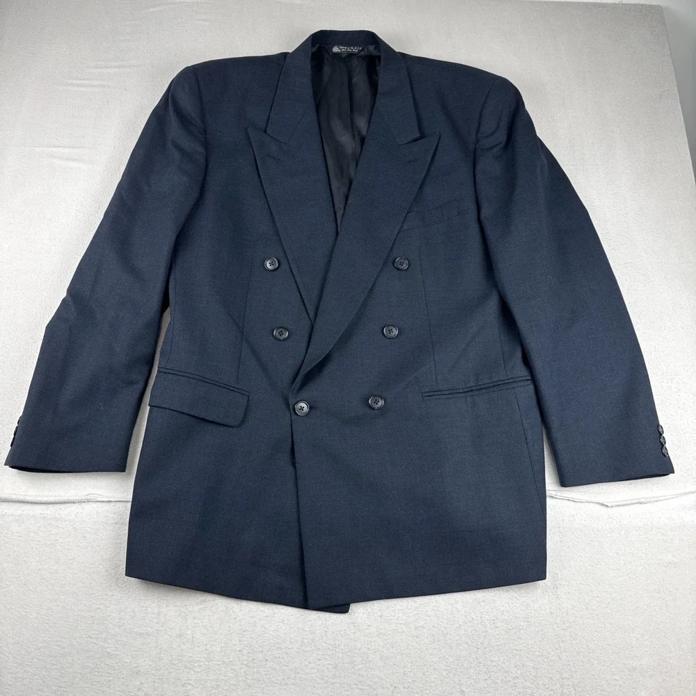 VTG Christian Dior Mens Navy Double Breasted Blazer Suit Jacket 46L Peak Lapel